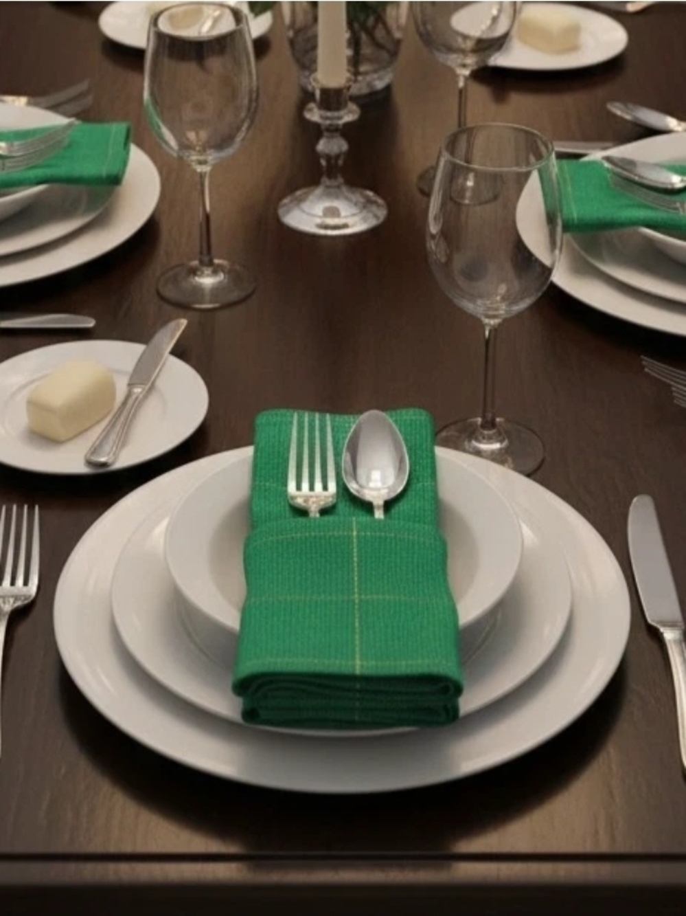 Cloth Dinner Napkins Woven Emerald Green w Gold lines Set of 12, 16"×16"